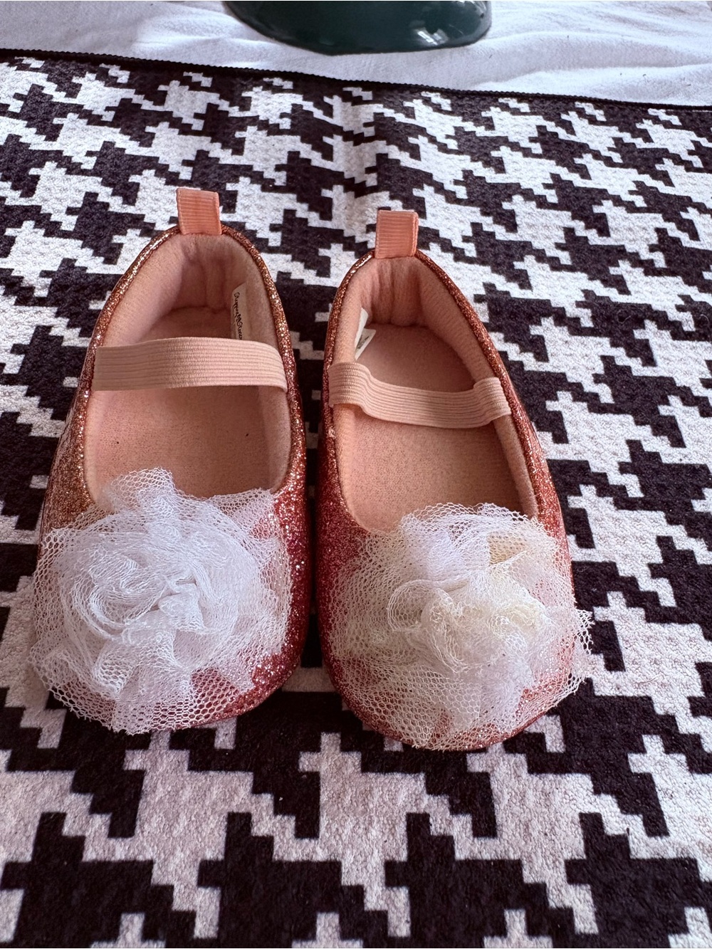 Girls Glitter Peach Ballet Flats with Tulle Flower Accent